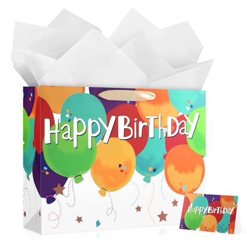 Image of JMANNI Large Happy Birthday Gift Bag with Tissue Papers and Greeting Card,Portable Paper Gift Bags with Handles,Present Bags for Women Men Birthday Party Supplies 13 inch x10.2 inchx4.7 inch(Coloured Balloon)