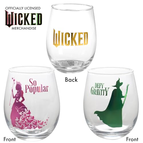 Wicked Stemless Wine Glasses - Set of 2 Large 18oz Drink Cups - Pink Green Glinda & Elphaba Witch Glassware - Officially Licensed Broadway Movie Merchandise - Gift for Wicked Fans & Theater Lovers by SCS Direct - Used condition - Image 2