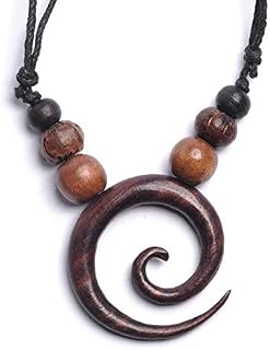 81stgeneration Brown Natural Wood Round Spiral Pendant - Boho Wooden Bead Necklace - Black Choker - Adjustable Pendant Necklace for Men and Women - Spiritual Ladies Gifts - Handmade Necklaces