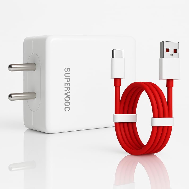 Image of Oneplus 80W Supervooc Charging Adapter with USB 3.3 Ft Red Cable for Oneplus 15, 13S,13R,13, Samsung, Realme, Tecno, Infinix, Motorola Mobiles (Wrap, Rapid, Flash, SuperDart, Quick, Turbopower) White