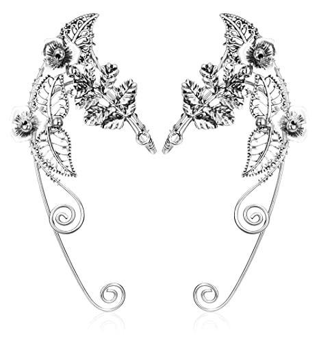 Sailimue Elf Ear Cuffs Handmade Clip-On Earrings Handcraft Hollowed Leaf Pearl Beads Wing Tassel Filigree Elf Ear Jewelry For Fantasy Fairy Ears Elven Cuff Wrap Earrings Halloween Cosplay Costum #TOP18