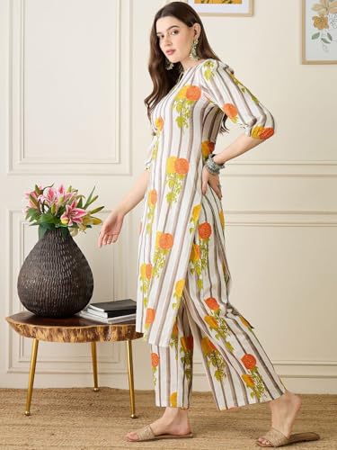 Image of Amazon Brand - Tavasya Women Floral Printed Long Kurta Set with Plazzo Pant Suit