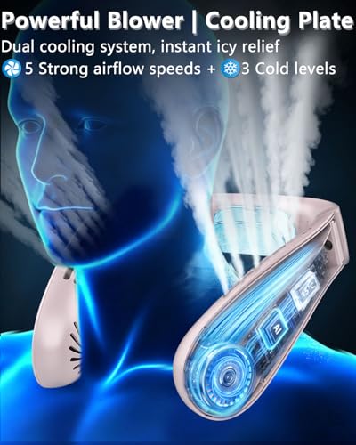 Image of FWV Neck Fans with Cooling Plate, Silent 30dB, 3-24H Battery, 5500mAh USB-C Rechargeable, 5-Speed Neck Air Conditioner, LED Display Wearable Bladeless Personal Fan for Kid Adult Girl Light Purple