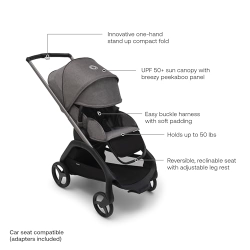 Bugaboo Dragonfly City Stroller, Lightweight Compact Baby Stroller with One Hand Easy Fold in Any Position, Full Suspension, XL Underseat Basket, Graphite Chassis and Grey Melange Sun Canopy