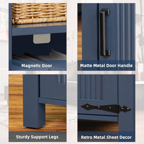 Farmhouse Nightstand with USB Port and Storage Shelf, Rustic End Table for Bedroom - Navy Blue