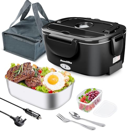 Dosevita Electric Lunch Box 80W 1.5L Heated Lunch Box 12V/24V/230V 3-in-1 Portable Food Heater with Insulated Lunch Bag Spoon and Fork Suitable for Car Truck Office Home (Black) option