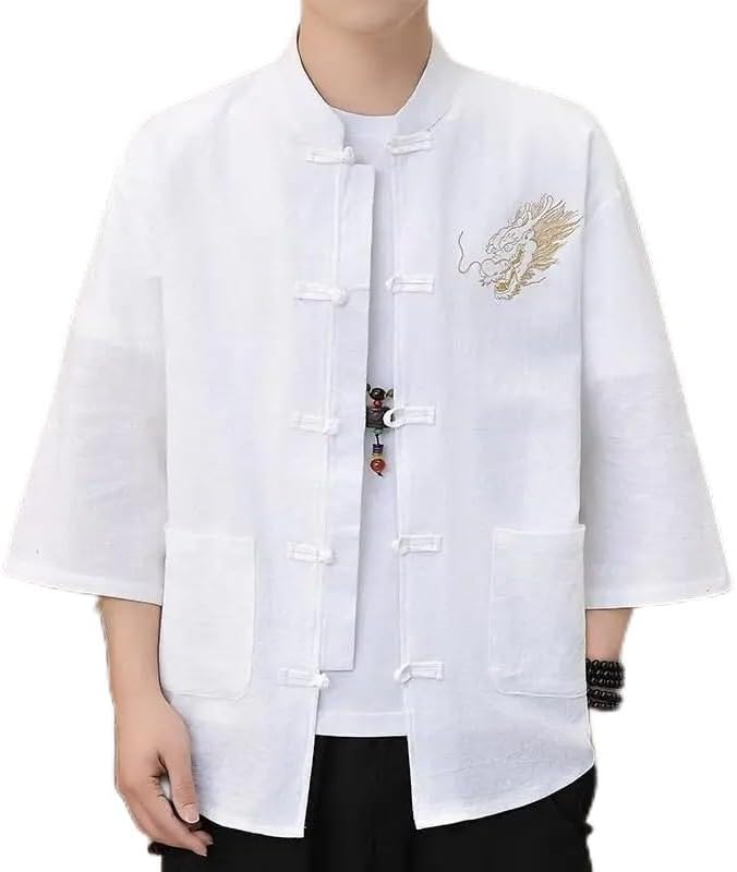 Traditional Chinese Embroidered Shirt 3/4 Sleeve Top for Men Linen Tops