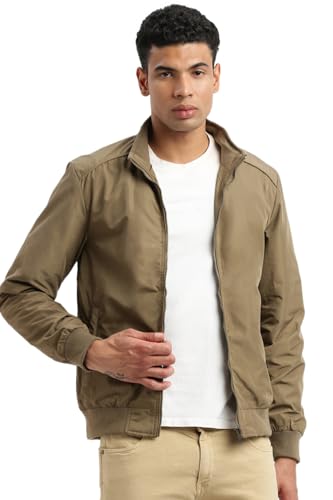 Image of SHOWOFFFF Men Solid Bomber Jacket | Mock Collar Full Sleeves Nylon Jacket for Mens | Slim Fit Regular Length Jacket for Men's