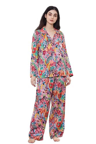 Image of YiNi LuLu Womens Silk Satin Pajamas Set Button Down 2 Piece Pjs Long Sleeve Oversized Sleepwear with Pockets