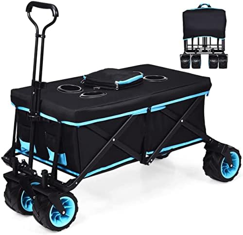 TANGZON Folding Wagon, Collapsible Camping Cart with Removable Cooler Bag, Canopy, Adjustable Handle, Front Wheels & Cup Holders, Portable Outdoor Pull Along Cart Trolley for Garden Shopping Festival