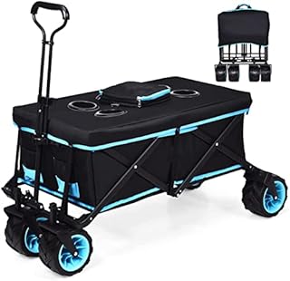 TANGZON Folding Wagon, Collapsible Camping Cart with Removable Cooler Bag, Canopy, Adjustable Handle, Front Wheels & Cup Holders, Portable Outdoor Pull Along Cart Trolley for Garden Shopping Festival