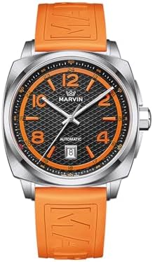 marvin Swiss Mens Watches Automatic Mechanical Watch for Men with Orange Rubber Strap,50M Waterproof,42MM Sapphire Glass Black Dial Luxury Men's Wrist Watches