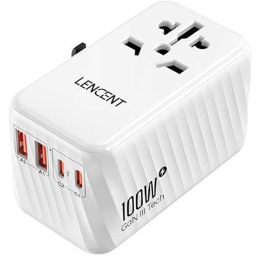 LENCENT Adaptador Enchufe Universal GAN 100W, Cargador Internacional con 2 PD3.0 Tipo C+2 QC USB A Carga Rápida, Adaptador de Viaje para Móviles, Tabletas, Portátil, EU/USA/UK/AU, Blanco