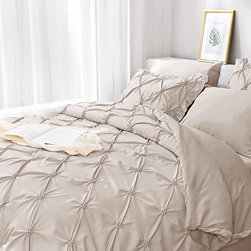 JOLLYVOGUE Beige Twin Size Comforter Sets 5 Pieces,Pintuck Bed in a Bag Comforter Set for Bedroom, Bedding Comforter Sets with Comforter, Sheets,Ruffled Shams & Pillowcases