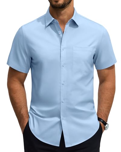 Lion Nardo Cotton Mens Dress Shirts Untucked Short Sleeve Button Down Shirts Stain Shield Dress Shirts for Men Wrinkle Free Light Blue