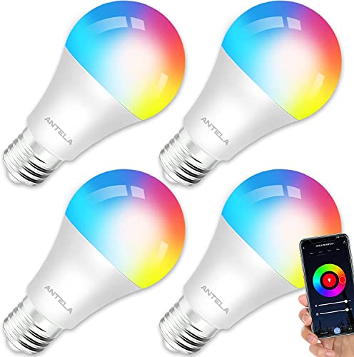 ANTELA Smart Light Bulb LED E26 Full Color Changing Dimmable Multicolor 2700K-6500K Compatible with Alexa and Google Home A19, 9W 800 Lumens, No Hub Required,2.4Ghz only, 4Pack ANTELA Smart Light Bulb LED E26 Full Color Changing Dimmable Multicolor 2700K-6500K Compatible with Alexa and Google Home A19, 9W 800 Lumens, No Hub Required,2.4Ghz only, 4Pack