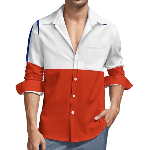 Camisas para Hombre, Camisa de Lino de Manga Larga con Botón Camisetas, Informales de Verano con Bandera Chilena de Aloha para Vacaciones en La Playa Corte
