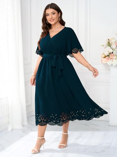 Womens Plus Size Wedding Guest Cocktail Dress Wrap V Neck A-Line Swing Maxi Dresses with Belt2