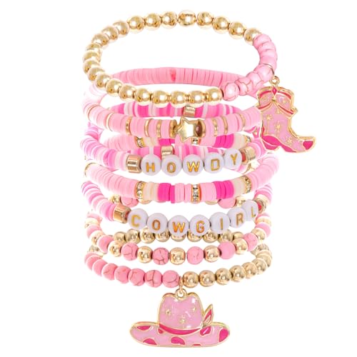 8 Pcs Western Cowgirl Beaded Stretch Bracelets Stackable Bohemian Jewelry for Women Teens Cowgirl Hat Boot Accessories for Parties Christmas Birthdays Daily Wear