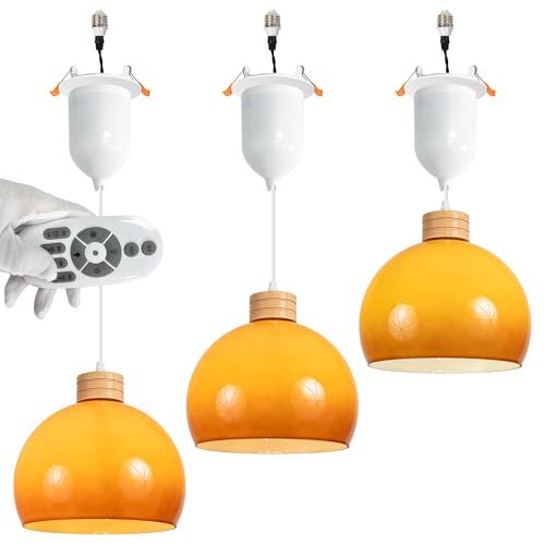 SKIVTGLAMP Compatible E26 Adapter T24 Connector Conversion Kit Can Retrofit Recessed Pendant Light Remote Control for 4~5inches Holes Adjustable Gradient Orange Globe Glass Cover Natural Wood Socket