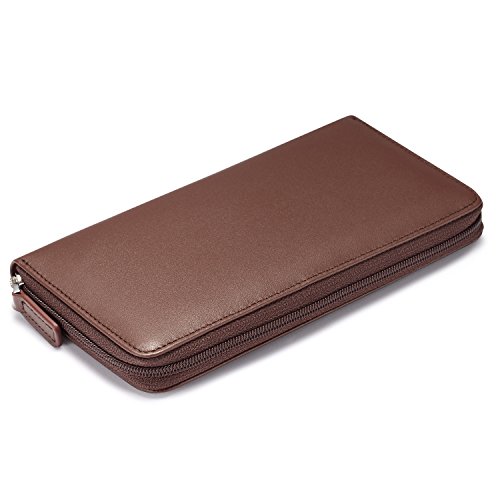 Image of HISCOW Leather Checkbook Cover, Zippered Wallet with Card Slots, Brown | Full grain cowhide, 5cc & ID window, personal check book & register pockets, removable duplicate divider, women secure zipper