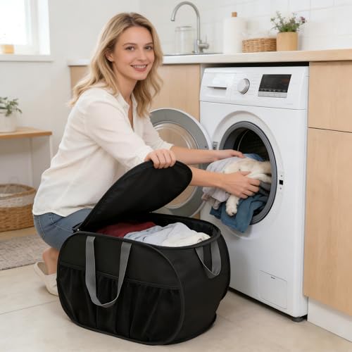 Pop Up Wäschekorb mit deckel 37 * 37 * 60 cm Klappbar Mit Griff Faltbarer Wäschekorb Mesh Aufbewahrungskorb Laundry Basket für Kinderzimmer Camping Reisen (wäschekorb mit deckel schwarz)