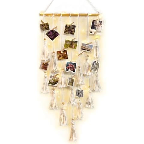 ANROYE Macrame Hanging Photo Display, Picture Holder with 30 Clips for Bedroom Wall, Polaroid Boho Gallery Hangers with LED Light String, Room Decor Christmas Gifts for 10 11 12 13 14 Year Old Teen Girl Cover