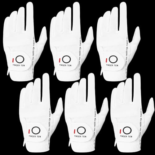 FINGER TEN Golf Gloves Men Right Left Handed Golfer Mens Glove RainGrip Hot Wet Weather Value 6 Pack, All Weather in White Large (White, Large, Left)