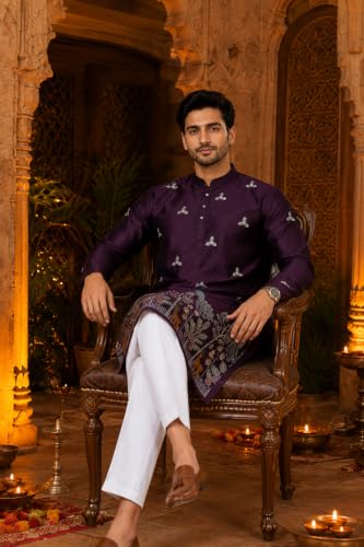 Generic Men’s Wine Satin Embroidered Straight Kurta, Large - Image 7