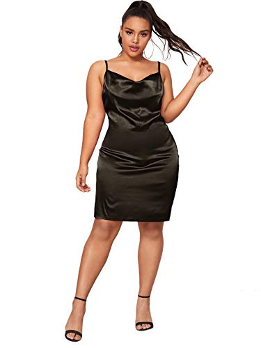 Romwe Women's Plus Size Sexy Satin Spaghetti Strap Cowl Neck Solid Party Cami Mini Dress Black 1X Plus #TOP4