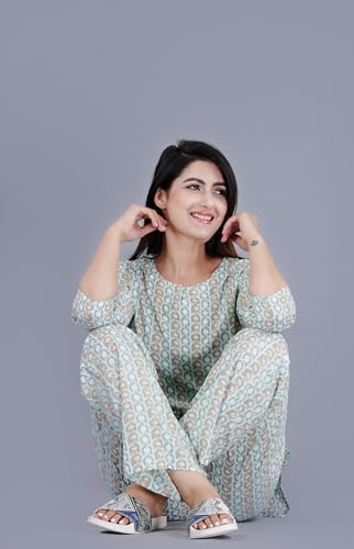 Image of Amazon Brand - Tavasya Women Cotton- Rayon Printed Kurti with Pant Co-Ord Set | Soft Comfortable Straight Fit Ethnic Kurta Set | 3 /4 Sleeves V-Neck Daily, Office & Casual Wear