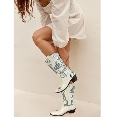 Cowboy Boots for Women Pull On Mid Calf Western Boots Fashion Embroidery Cowgirl Boots Pointed Toe Chunky Heel Boots4