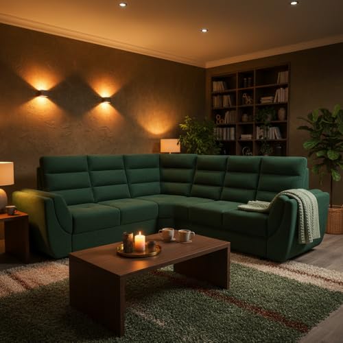 Image of APRODZ Wooden Sofa Set 6 Seater for Living Room, Solid Wood L Shape Sectional Sofa with Velvet Fabric Upholstery, Cushioned Seating for Home, Office & Lounge, Green