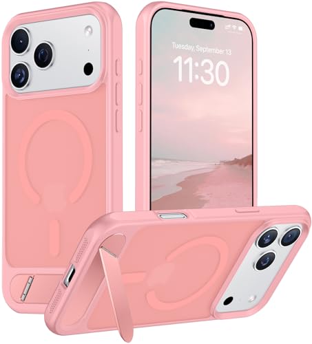 Image of Designed for iPhone 17 Pro Case, [Built-in Invisible Kickstand][Compatible with MagSafe][Military Grade Shockproof] Slim Translucent Matte Phone Case 6.3 inch (Pink)