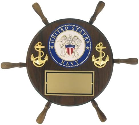 SHOP AWARDS AND GIFTS United States US Navy Ship Wheel Award Plaque with Engraving Plate, Walnut Finished, 13 Inch