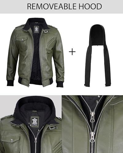 Image of Decrum Mens Leather Jacket - Detachable Hood Stylish Real Lambskin Leather Bomber Jacket Men