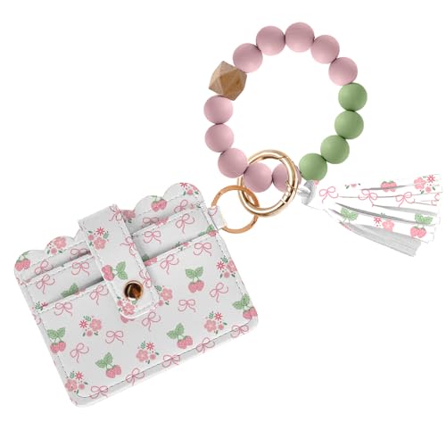 Image of Bow Wallet Keychain Wristlet, Horizontal Silicone Bead Bracelet Wallet with Wrist Strap and Card Case ID Window, PU Leather Blocking Card for Women, Girls and Friends