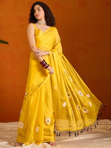 Image of SAREE MALL Women's Chiffon Daisy Floral hand paint Tassel Pallu Lightweight Summer Saree