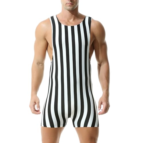 DTODWW Mens Striped Wrestling Singlet Bodysuit Men's Swimwear Bodysuits Stretchy Base Layers Leotard