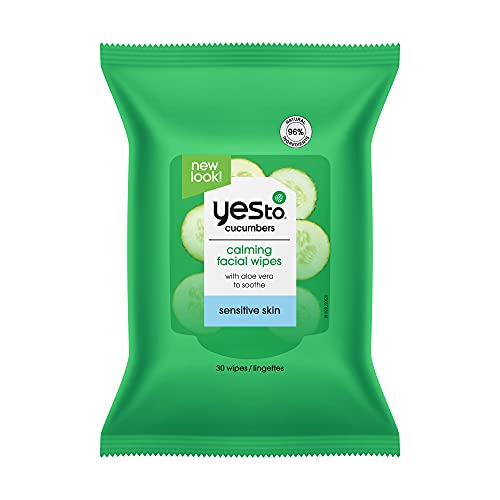 Yes To Face Wipes for Women and Men, Sensitive Facial Cleansing Wipes for use as a Make Up Remover, Cleaning, Soothing, Cucumbers Aloe Vera (Pack of 2)
