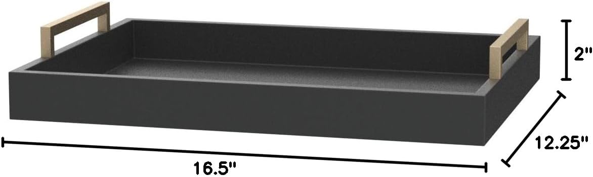 Decorative Coffee Table Tray - Ottoman Tray - Breakfast, Drinks, Liquor Serving Platter - Farmhouse to Modern - Matte Finish - Champagne Gold Handles - Pitch Black