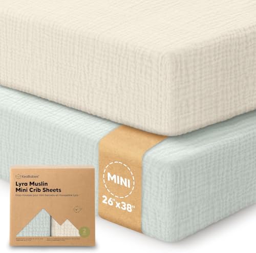 2-Pack Muslin Mini Crib Sheets for Boys Girls -38x26 Pack and Play Sheets Fitted Organic Cotton Compatible with Graco Pack N Play Mattress Neutral Toddler Playard Bedding Soft Breathable(Willow)