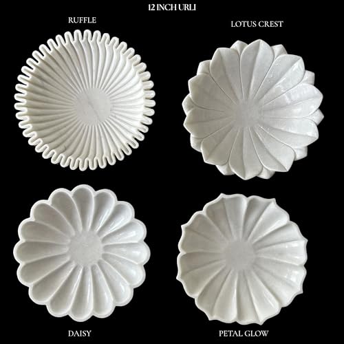 Image of Marble Urli Bowl for Decoration | Big Potpourri Decorative Bowls in Home decor | Large White Floating Flower Plates of Stone | Small Shape puja Item | (12 inch, Ruffle)