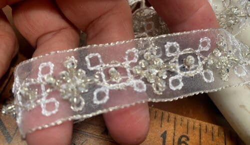White & Silver Embroidered Trim Hand Sewn 7/8" Glass Beads White Silver Organza 1yd Fabric