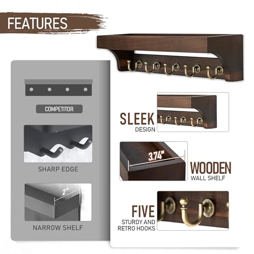 Image of Rebee Vision Acacia Wood Key Holder Wall Mount for Room Decor - Rustic Key Holder for Wall with Shelf for Displaying Plants - Stylish Entryway Organizer for Apartment (Dark Acacia)