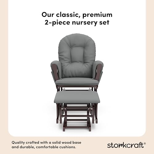 Image of Storkcraft Premium Hoop Glider & Ottoman (Espresso /Gray) - GREENGUARD Gold Certified Nursery Glider, Solid Wood Craftsmanship, Smooth-Gliding Nursery Chair and Ottoman, Award-Winning