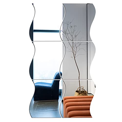 Uposao Lot De 6 Miroir Autocollant Mural Argenté Miroir Murale Adhesif Forme en Vagues 3D Décoration Muraux DIY Decal Miroir de Style pour Décoration Bureau Maison Chambre Le Salon