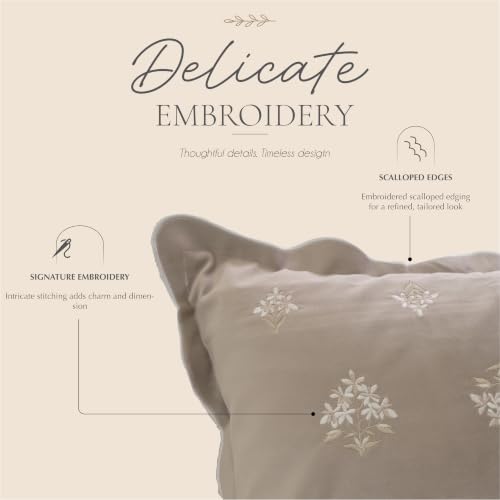 BlissBlush Long Lumbar Pillow Cover 14x36 for Bed, Taupe Velvet Decorative Lumbar Pillow Cover, Floral Accent Cushion Cover with Embroidery and Scalloped Edge for Couch Sofa Bed, Cover ONLY - image 2