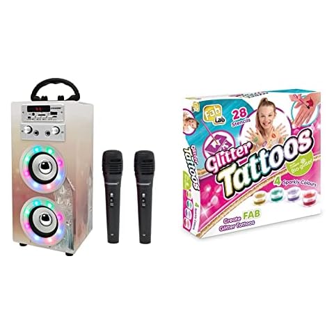 DYNASONIC (3 Generation, 2021 Model) Karaoke Machine Microphone, Bluetooth speaker (Model 19 Mixed LED Lights) & FabLab FL003 Glitter Tattoos, Mixed Cover