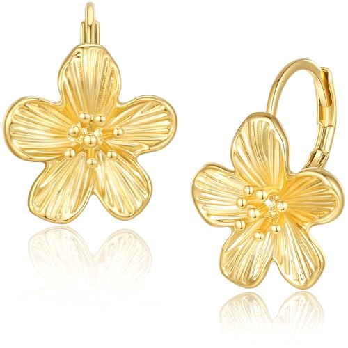 Small Dangle Earrings for Women - Vintage Flower Design, 14k Gold Plated Hypoallergenic Lever-back Earrings, Silver & Gold Color, Lightweight & Dainty Jewelry